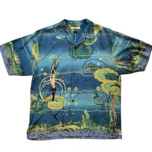 Tommy Bahama 100% Silk Hawaiian Shirt Blue Art Print Camp Collar Mens L